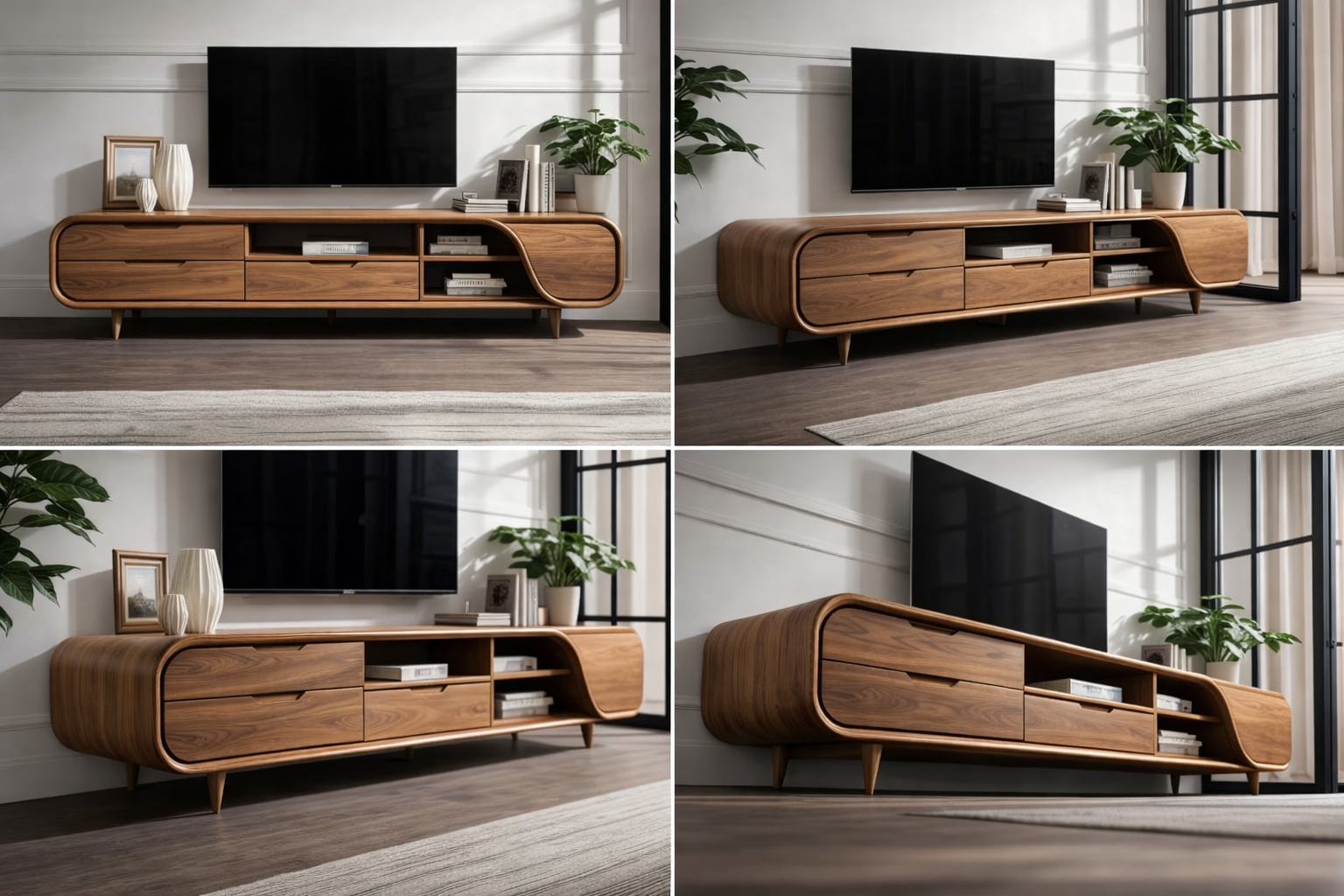 Solid Wood Curved Media Console – Low Profile TV Stand