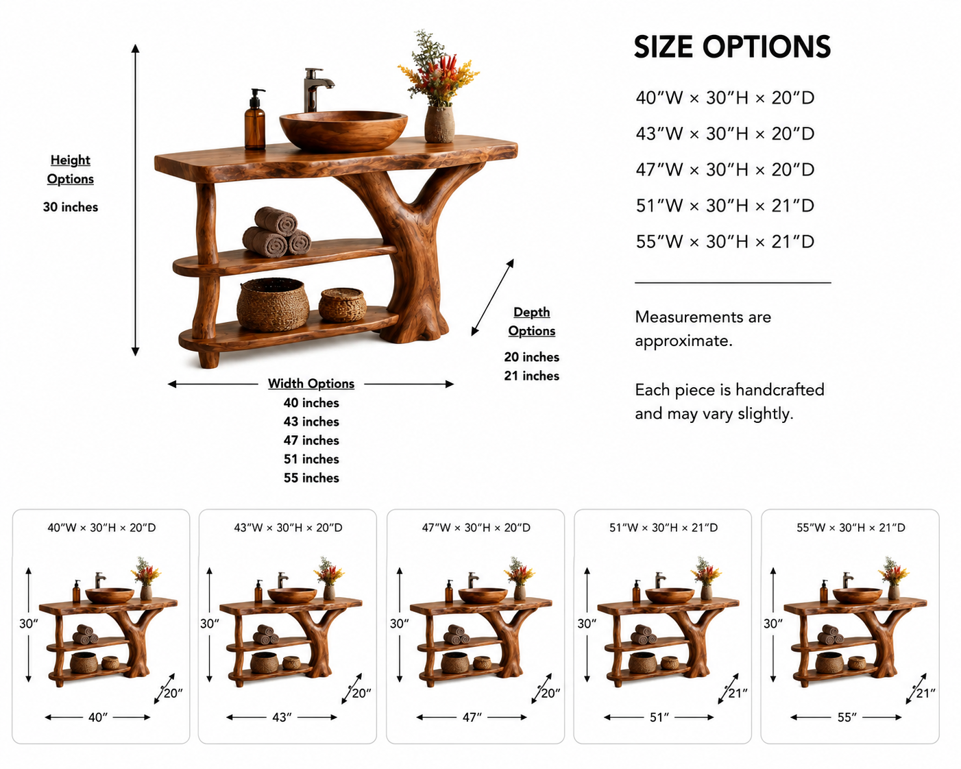 Live Edge Wood Bathroom Vanity – Solid Wood Sink Console with Storage Shelf for Bathroom Decor