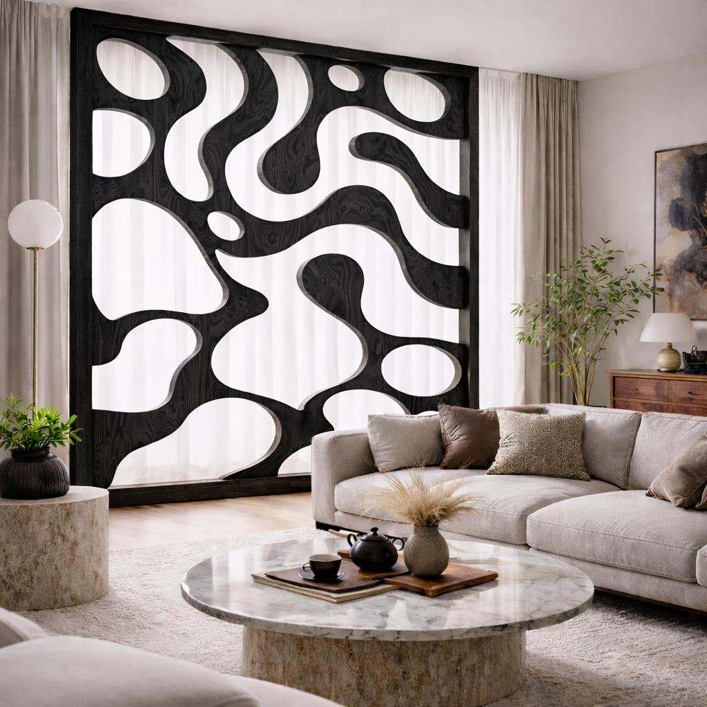 Carved Wooden Divider – Modern Natural Room Divider Screen