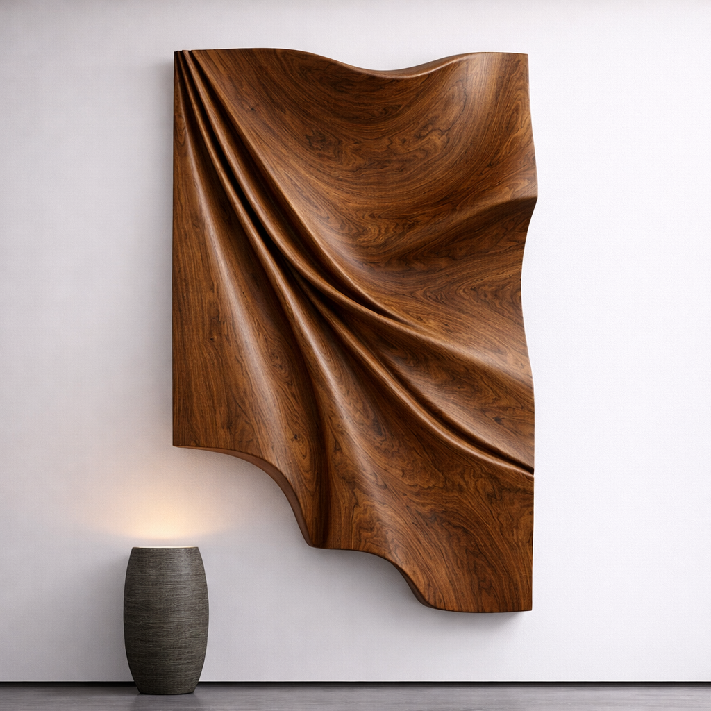Hand-Carved Draped Wood Wall Art – Organic Modern Sculpture Panel