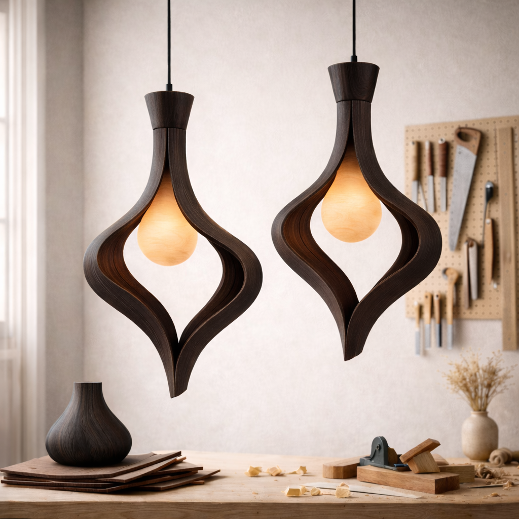 Sculptural Wooden Pendant Light – Organic Hanging Lamp for Modern Interiors