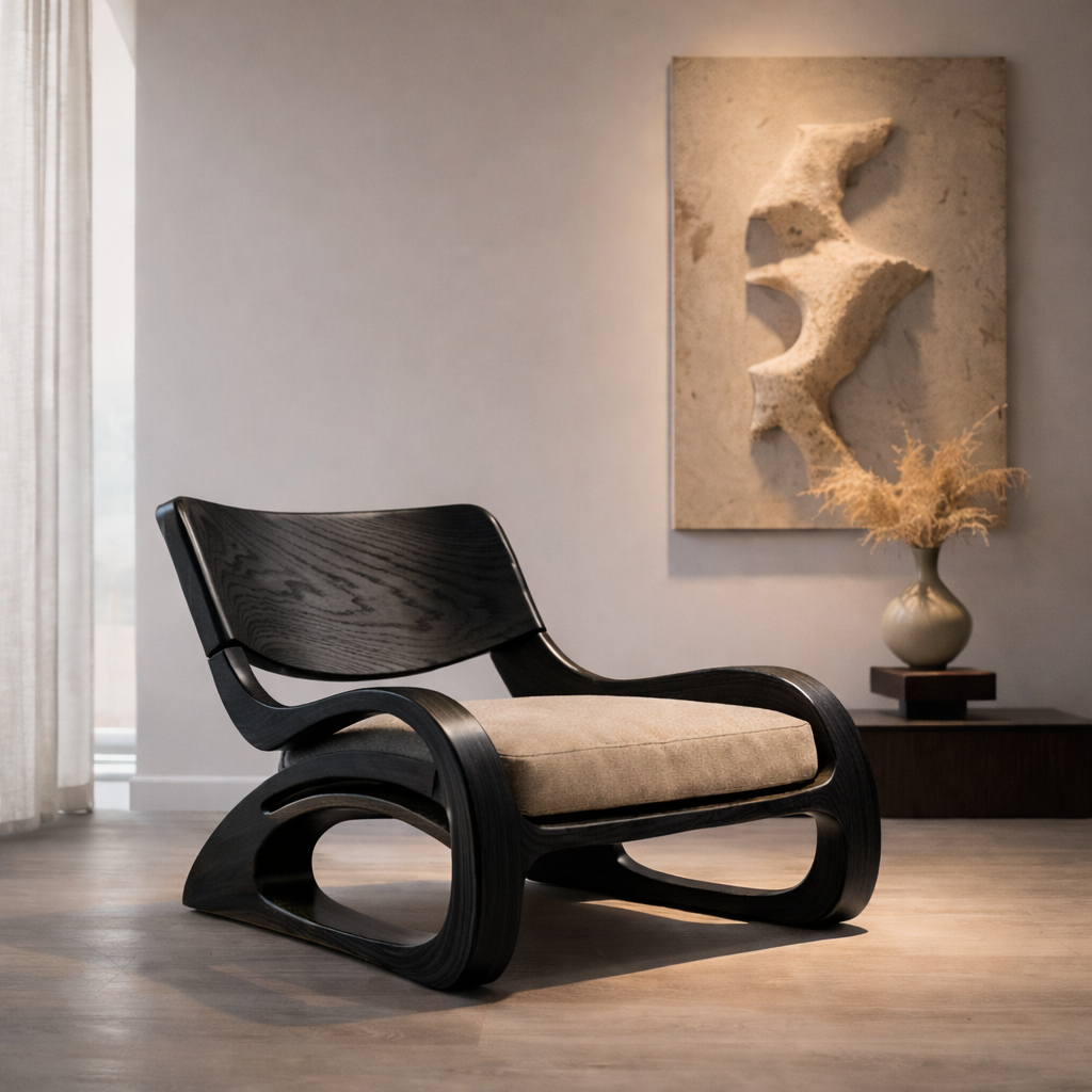 Sculptural Accent Chair – Solid Wood Lounge Chair for Living Room