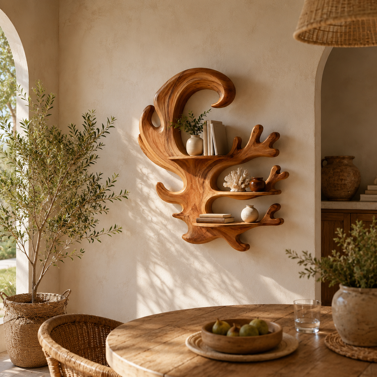Antler Wood Wall Shelf – Solid Wood Floating Display Shelf for Rustic Living Room Decor
