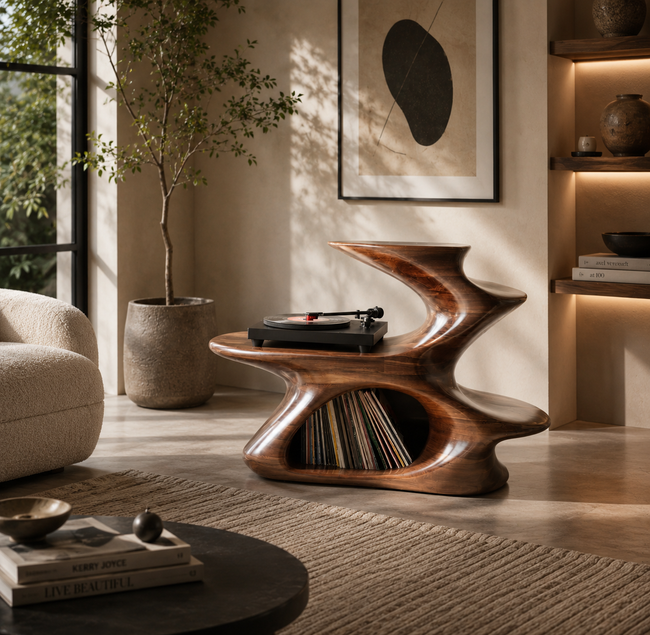Modern Sculptural Wooden Side Table – Solid Wood Accent Table with Magazine Storage for Living Room Main Image