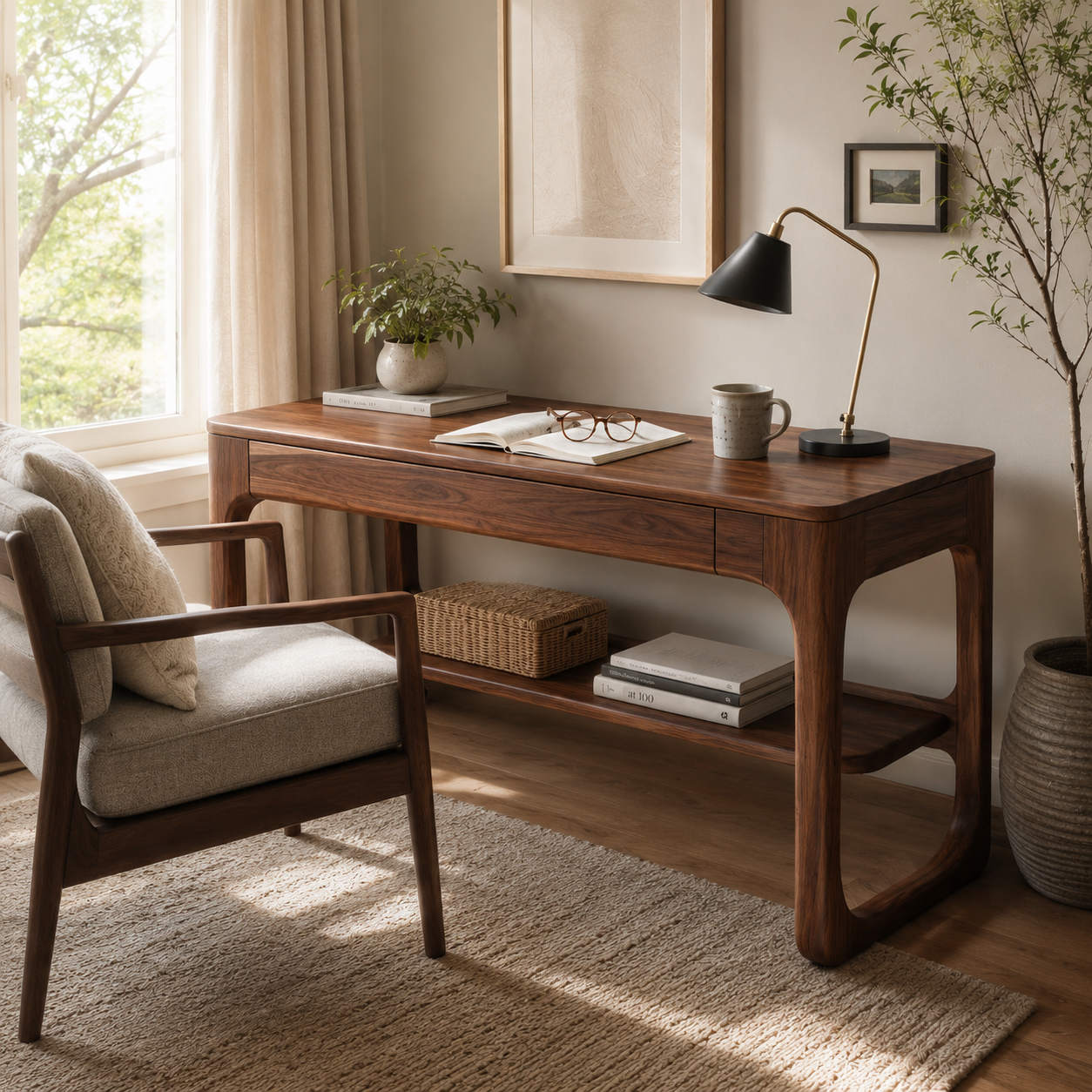 Rounded Wood Writing Desk – Solid Wood Office Desk with Lower Storage Shelf for Home Office Decor