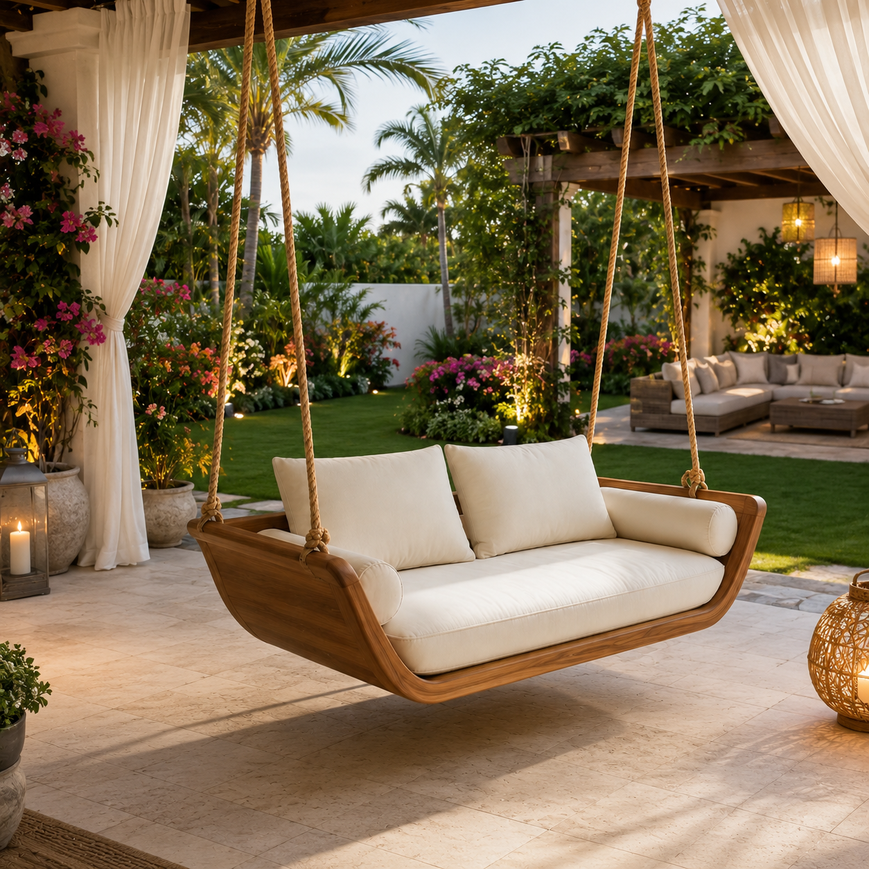 Wood Hanging Swing Sofa – Solid Wood Porch Swing with Cushions for Outdoor Decor