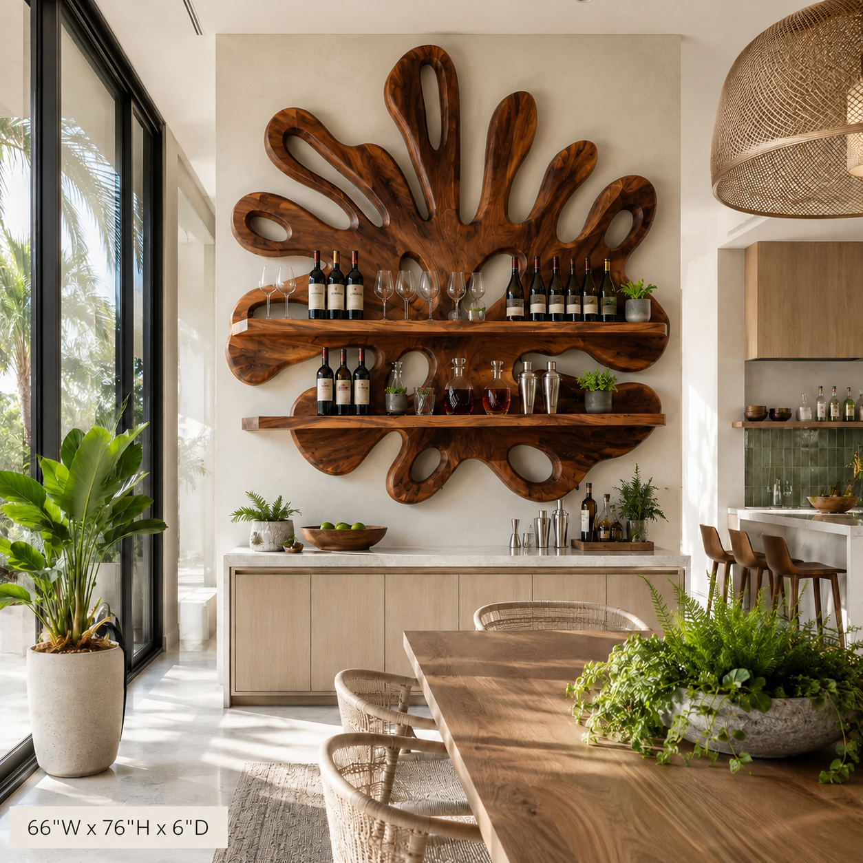 Sculptural Wood Wall Bar Shelf – Solid Wood Wine Display Shelf for Dining Room Decor