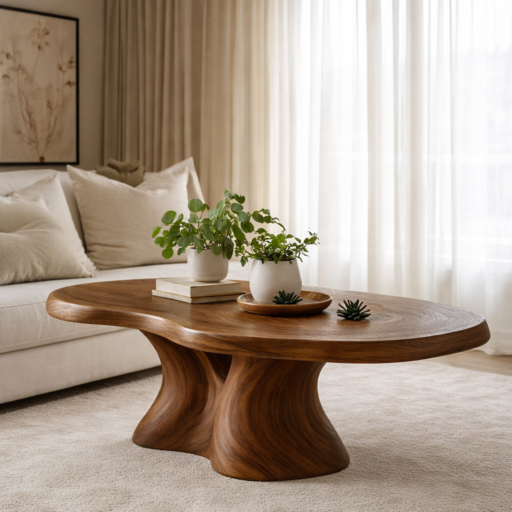 Organic Pedestal Solid Wood Coffee Table – Sculptural Center Table