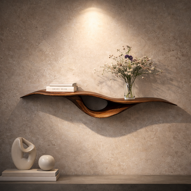 Curved Floating Shelf – Sculptural Solid Wood Wall Shelf for Living Room Hover Image