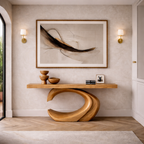 Sculptural Solid Wood Console & Abstract Wall Art Set – Modern Curved Design