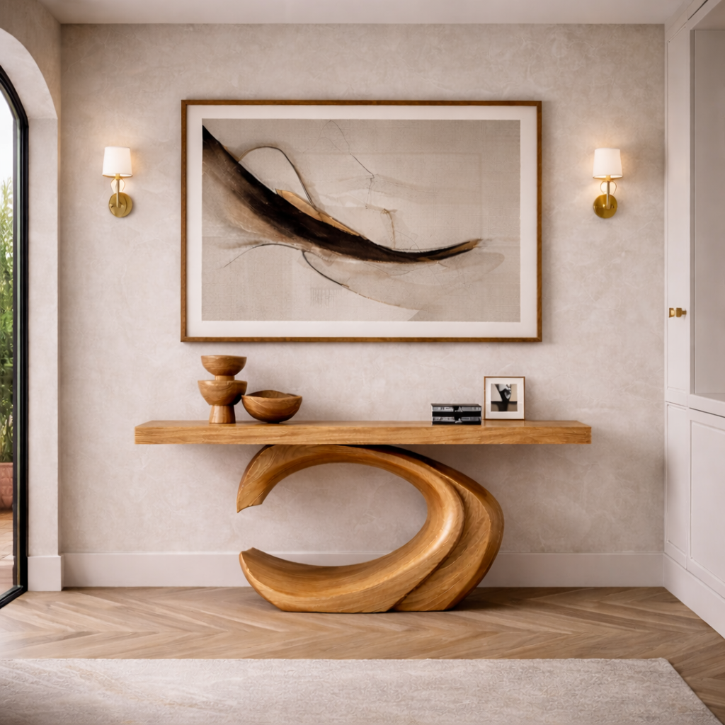 Sculptural Solid Wood Console & Abstract Wall Art Set – Modern Curved Design