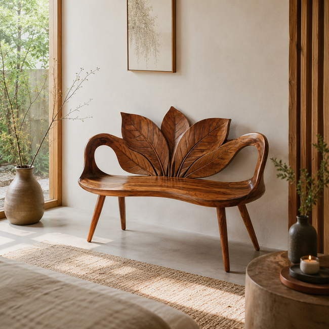 Leaf Back Wood Bench – Solid Wood Entryway Bench with Sculptural Leaf Design for Home Decor Main Image