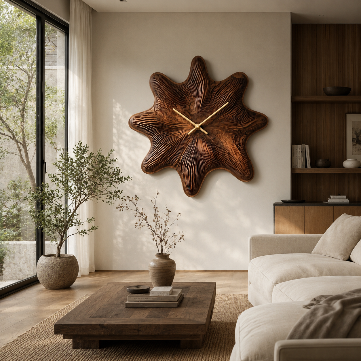 Flower Wood Wall Clock – Solid Wood Decorative Clock for Living Room Decor