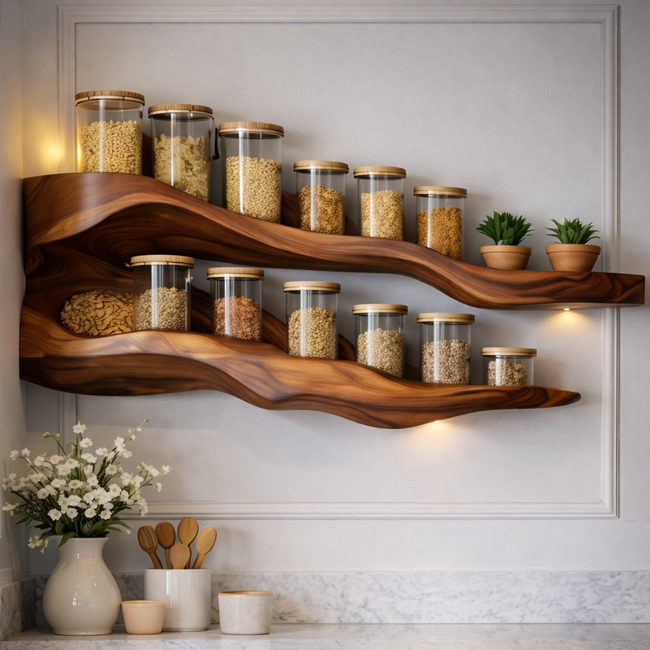 Modern Solid Wood Wall Mounted Spice Rack – Sculptural Wooden Kitchen Spice Shelf Organizer Hover Image