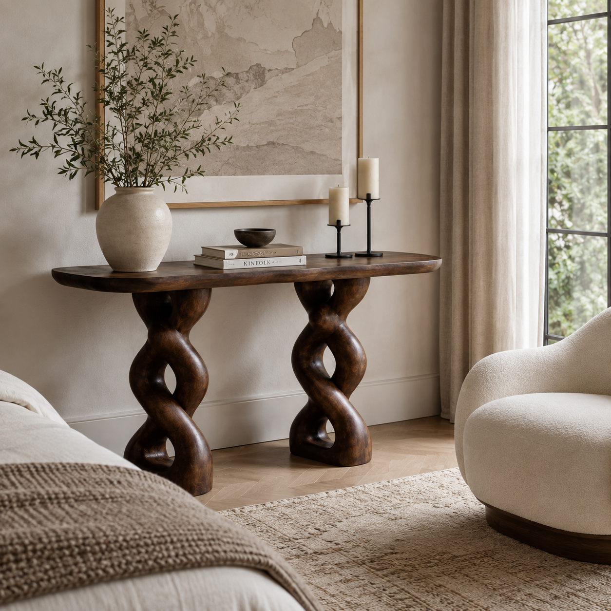 Double Helix Sculptural Wood Console Table