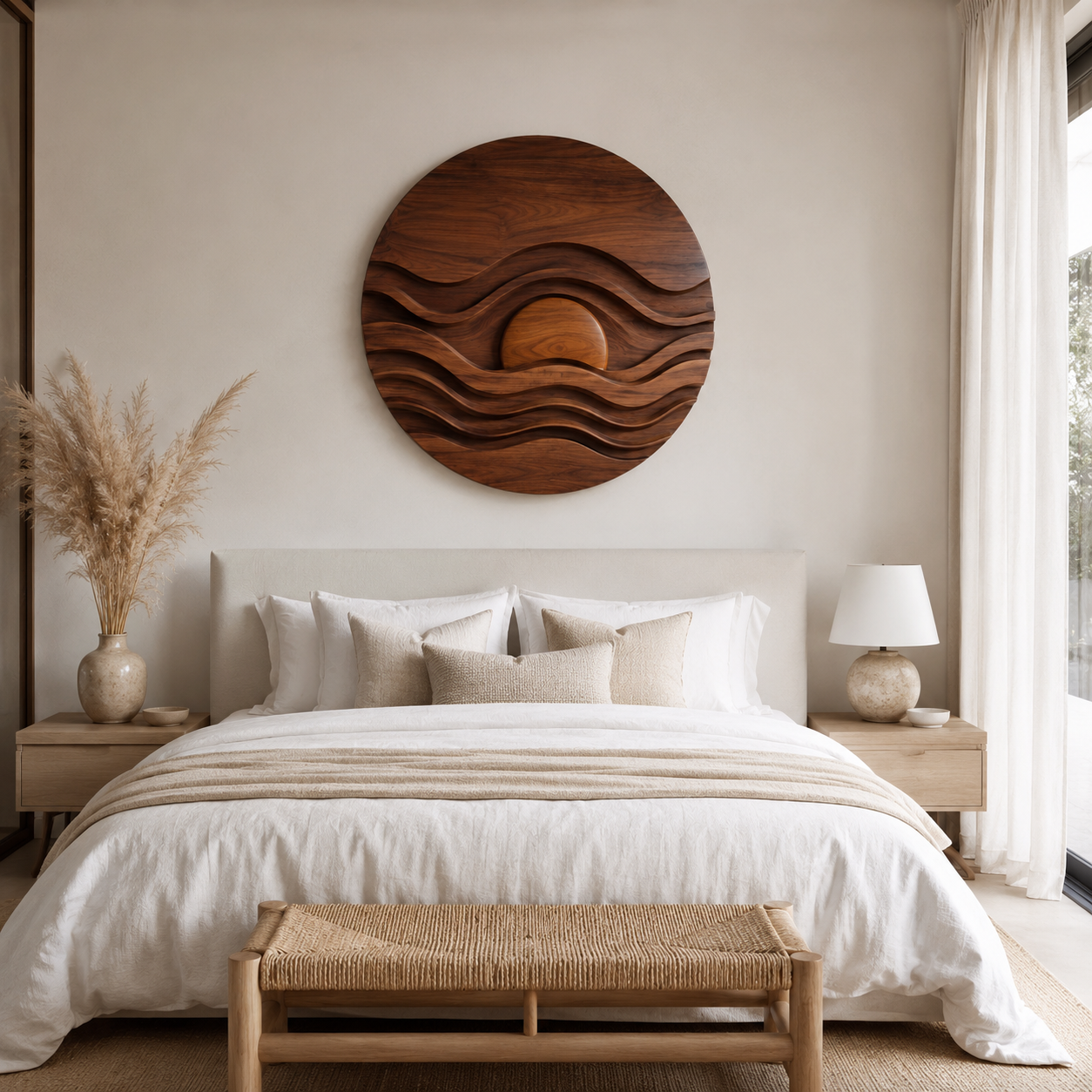 Carved Sunset Waves Wood Wall Art