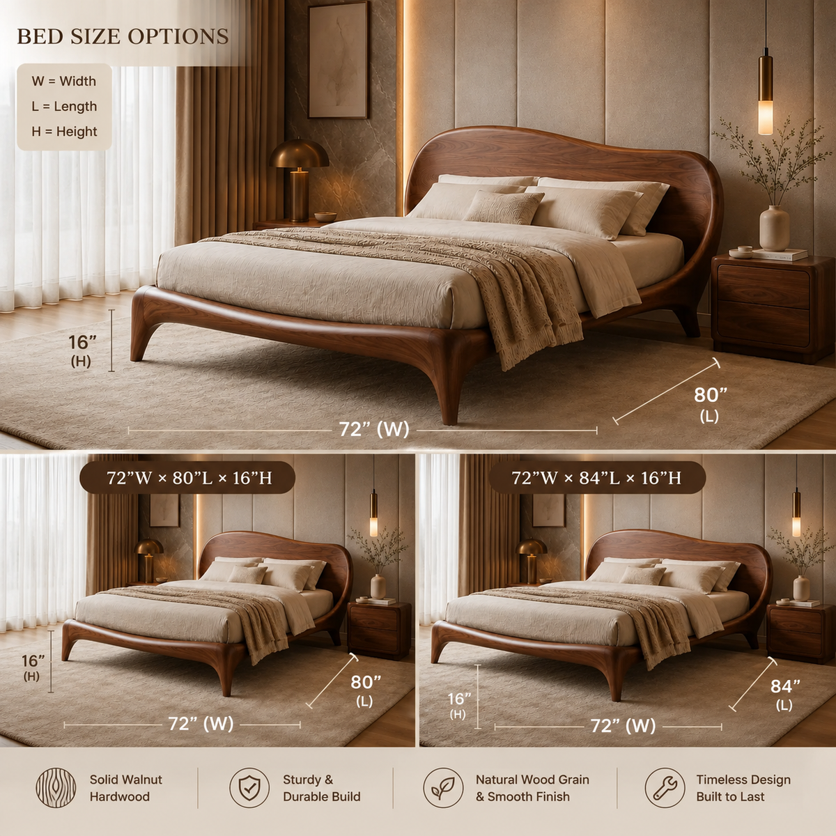 Curved Bed Frame – Solid Wood Platform Bed for Modern Bedroom