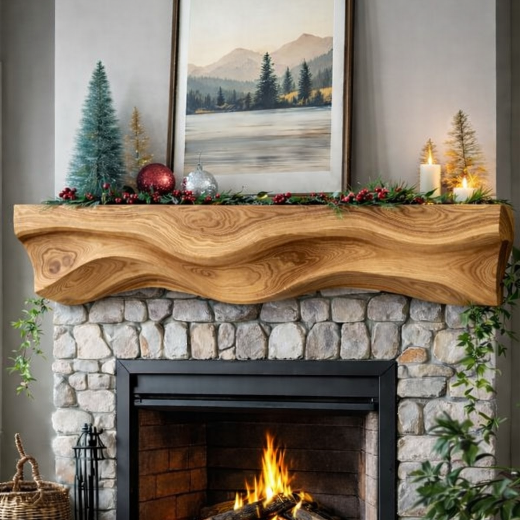 Solid Wood Live Edge Fireplace Mantel Shelf – Rustic Design