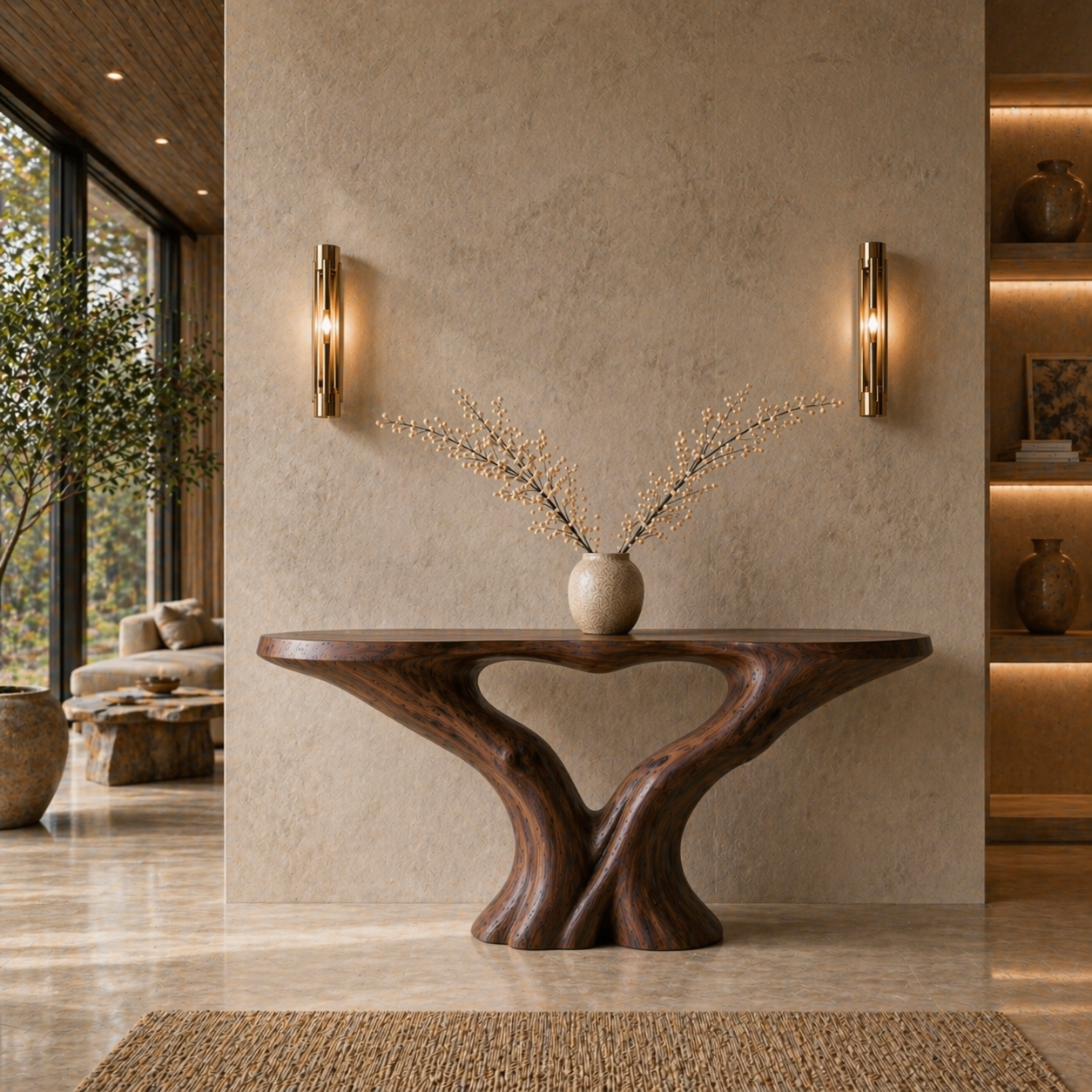 Organic X-Base Console Table – Sculptural Solid Wood Table