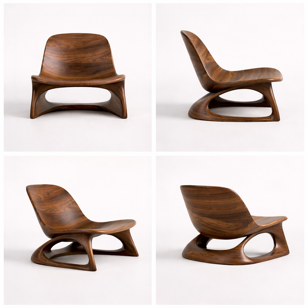 Curved Solid Wood Lounge Chair with Upholstered Seat – Modern Accent Chair