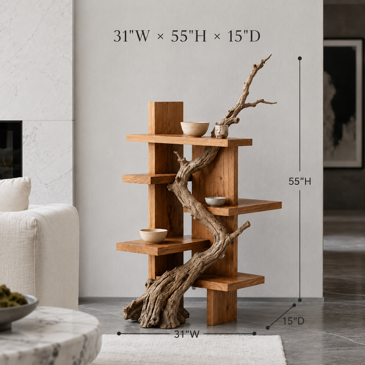 Branch Wood Display Shelf – Solid Wood Standing Shelf with Natural Driftwood Accent