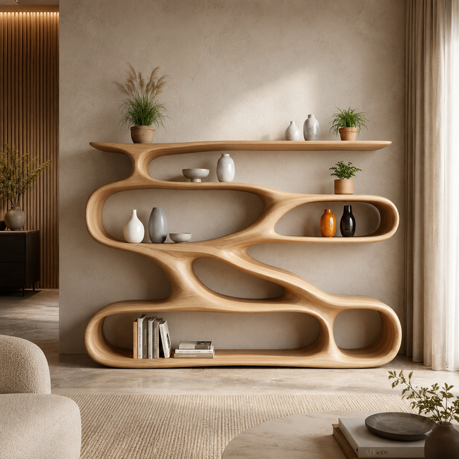 Wavy Bookcase – Sculptural Solid Wood Display Shelf Hover Image