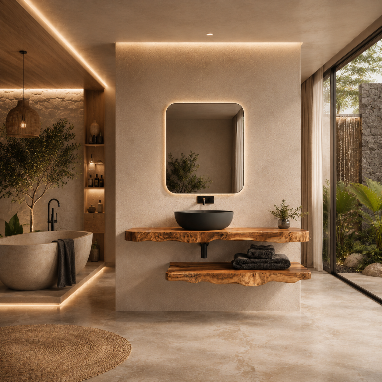Floating Bathroom Vanity – Live Edge Solid Wood Vanity with Shelf