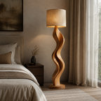 Sculptural Wood Floor Lamp – Solid Wood Standing Lamp with Fabric Shade for Living Room Decor