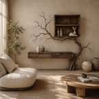 Tree Branch Wood Console Table – Solid Wood Wall Shelf with Cabinet and Sculptural Tree Base