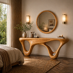 Sculptural Console Table – Wooden Entryway Table with Round Mirror