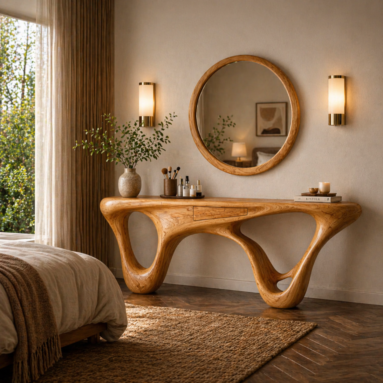 Sculptural Console Table – Wooden Entryway Table with Round Mirror