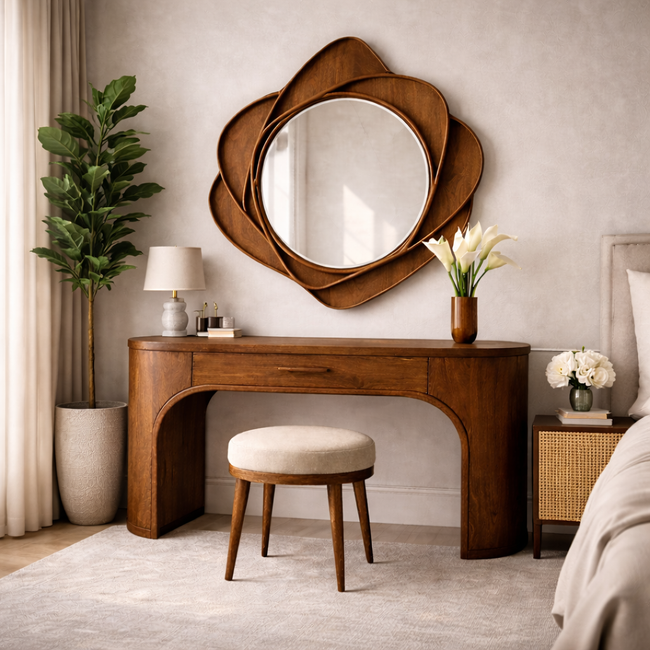 Modern Wooden Vanity Table with Sculptural Mirror | Elegant Bedroom & Dressing Room Set Hover Image