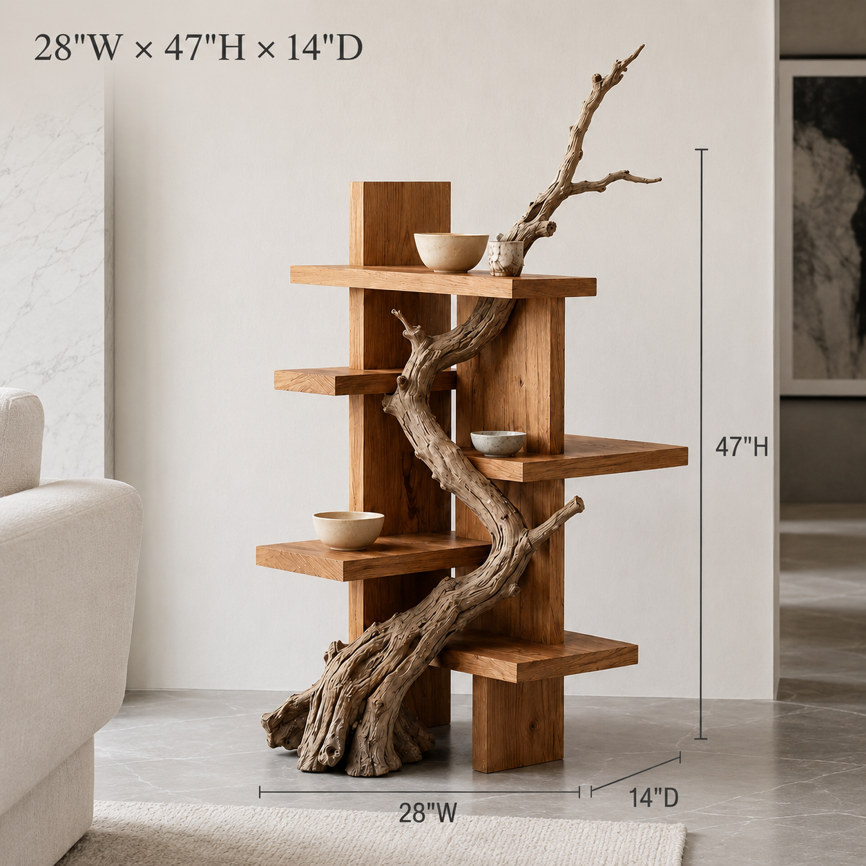 Branch Wood Display Shelf – Solid Wood Standing Shelf with Natural Driftwood Accent