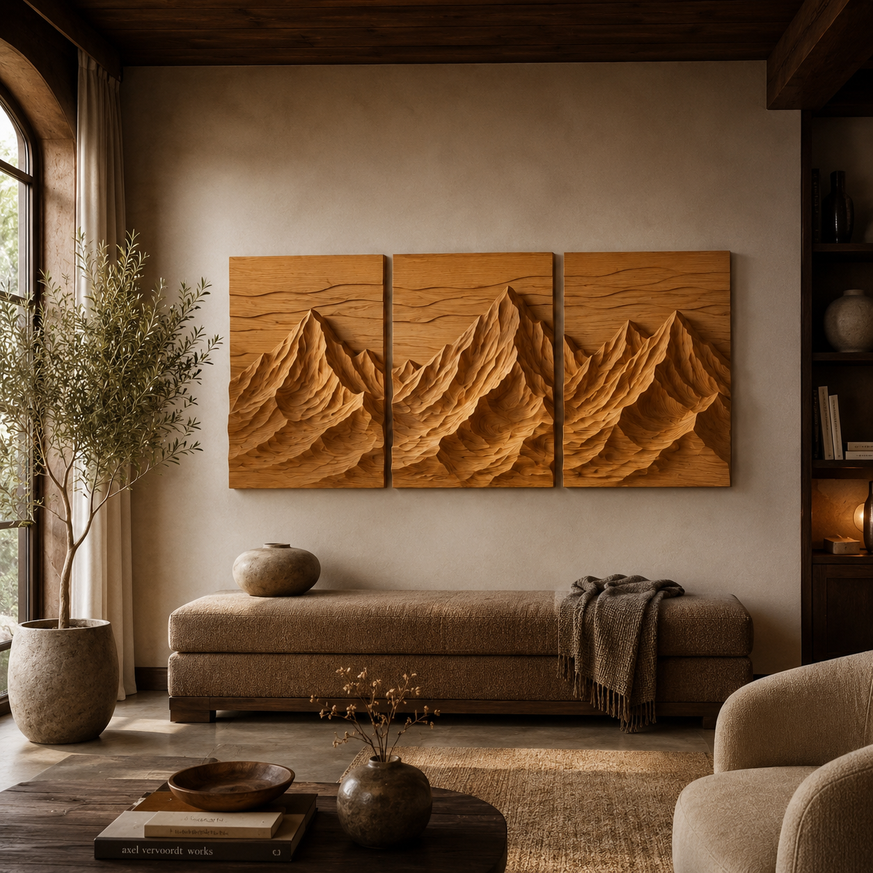 Mountain Wood Wall Art – Solid Wood 3 Panel Carved Wall Decor for Entryway Decor