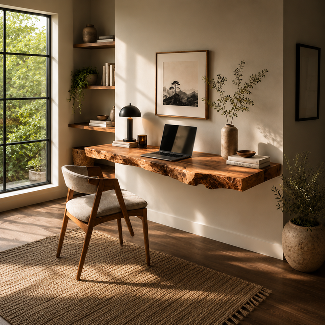 Live Edge Solid Wood Floating Desk – Modern Wall Mounted Wooden Desk for Home Office Main Image