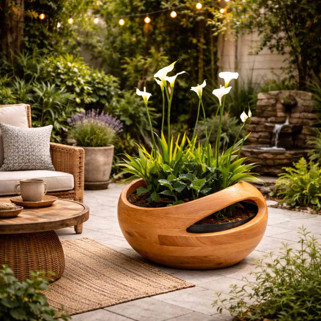 Sculptural Planter – Handcrafted Solid Wood Planter for Indoor and Outdoor Decor
