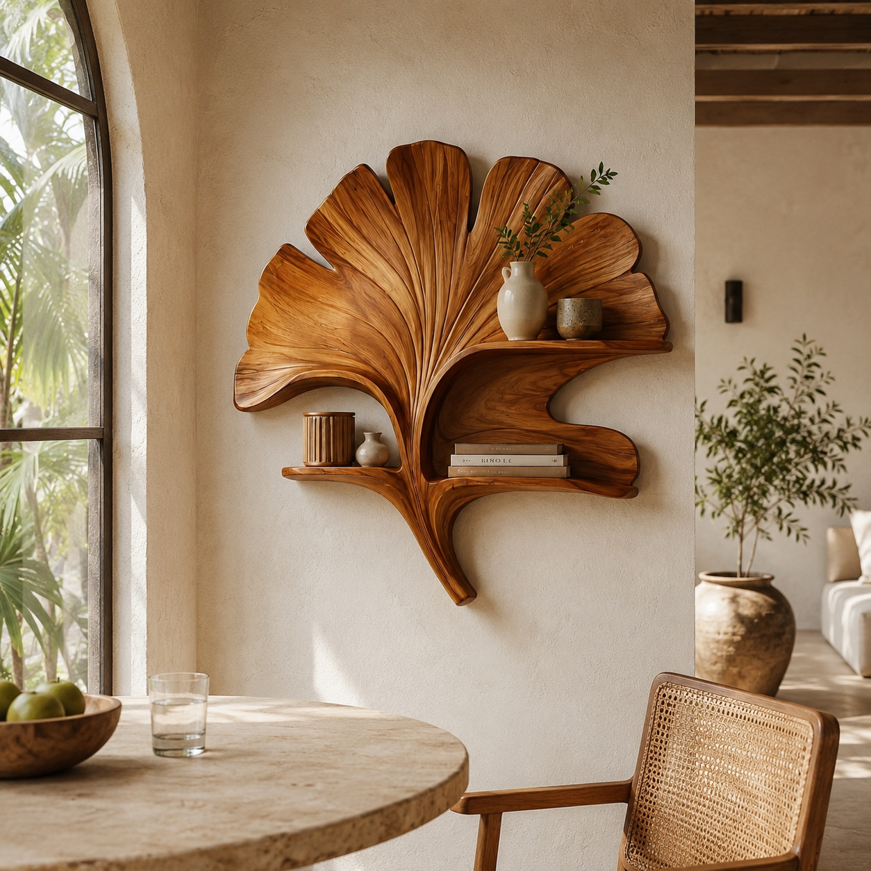 Ginkgo Leaf Wood Wall Art – Solid Wood Floating Shelf for Living Room Decor