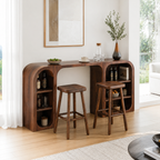 Curved Wood Bar Table Set – Solid Wood Breakfast Bar with Storage Shelves and Stools