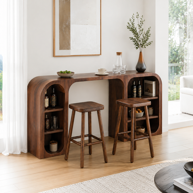 Curved Wood Bar Table Set – Solid Wood Breakfast Bar with Storage Shelves and Stools Main Image