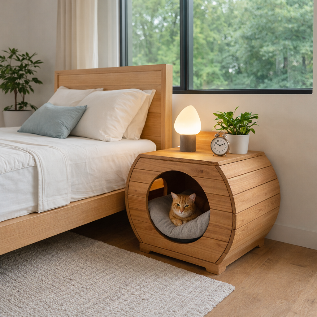 Cat House Nightstand – Solid Wood Bedside Table for Bedroom Decor