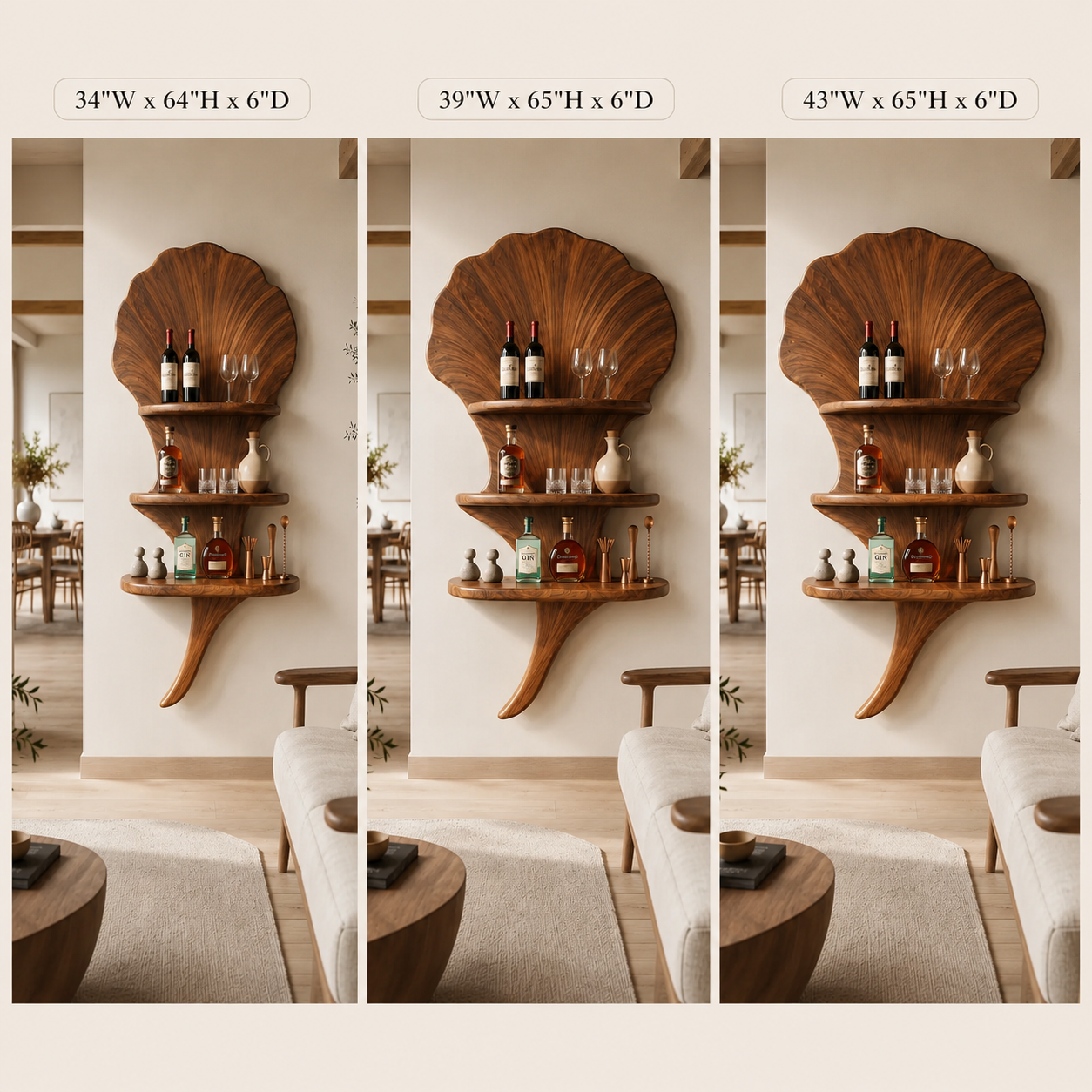Shell Wood Bar Shelf – Solid Wood Wall Mounted Display Shelf for Home Bar Decor