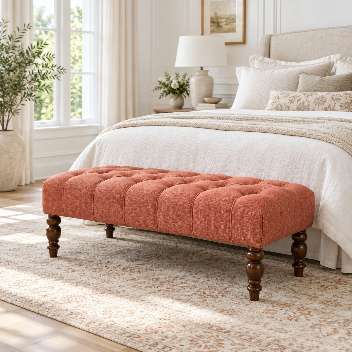 Tufted Upholstered Bench with Turned Wood Legs