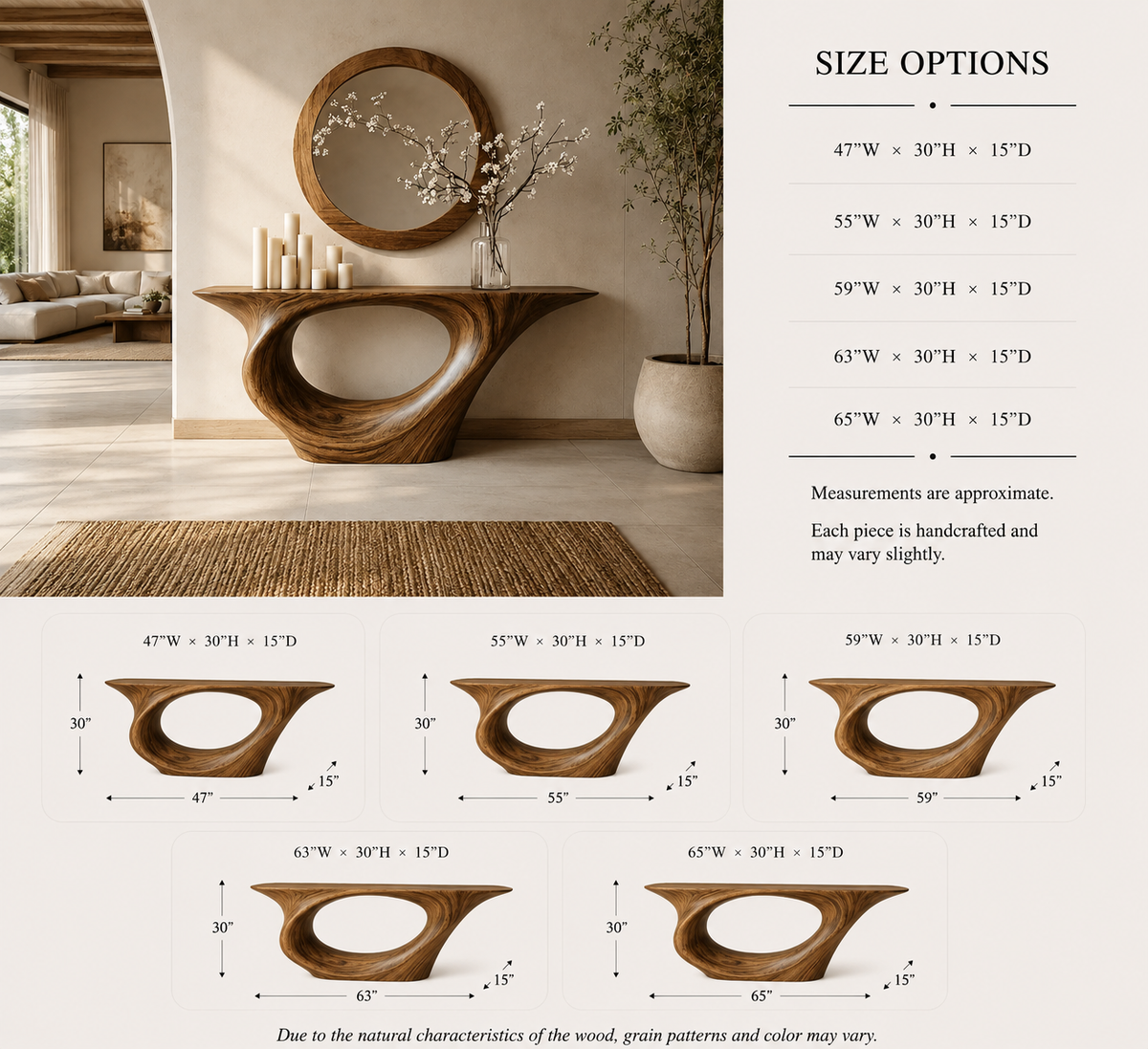 Sculptural Console Table – Solid Wood Entryway Table with Round Mirror