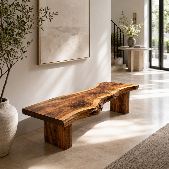 Live Edge Wood Bench – Solid Wood Entryway Bench with Natural Edge for Hallway Decor Hover Image