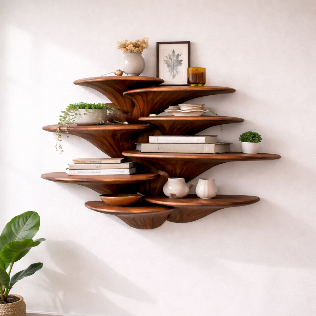 Solid Wood Layered Floating Shelves – Sculptural Organic Design