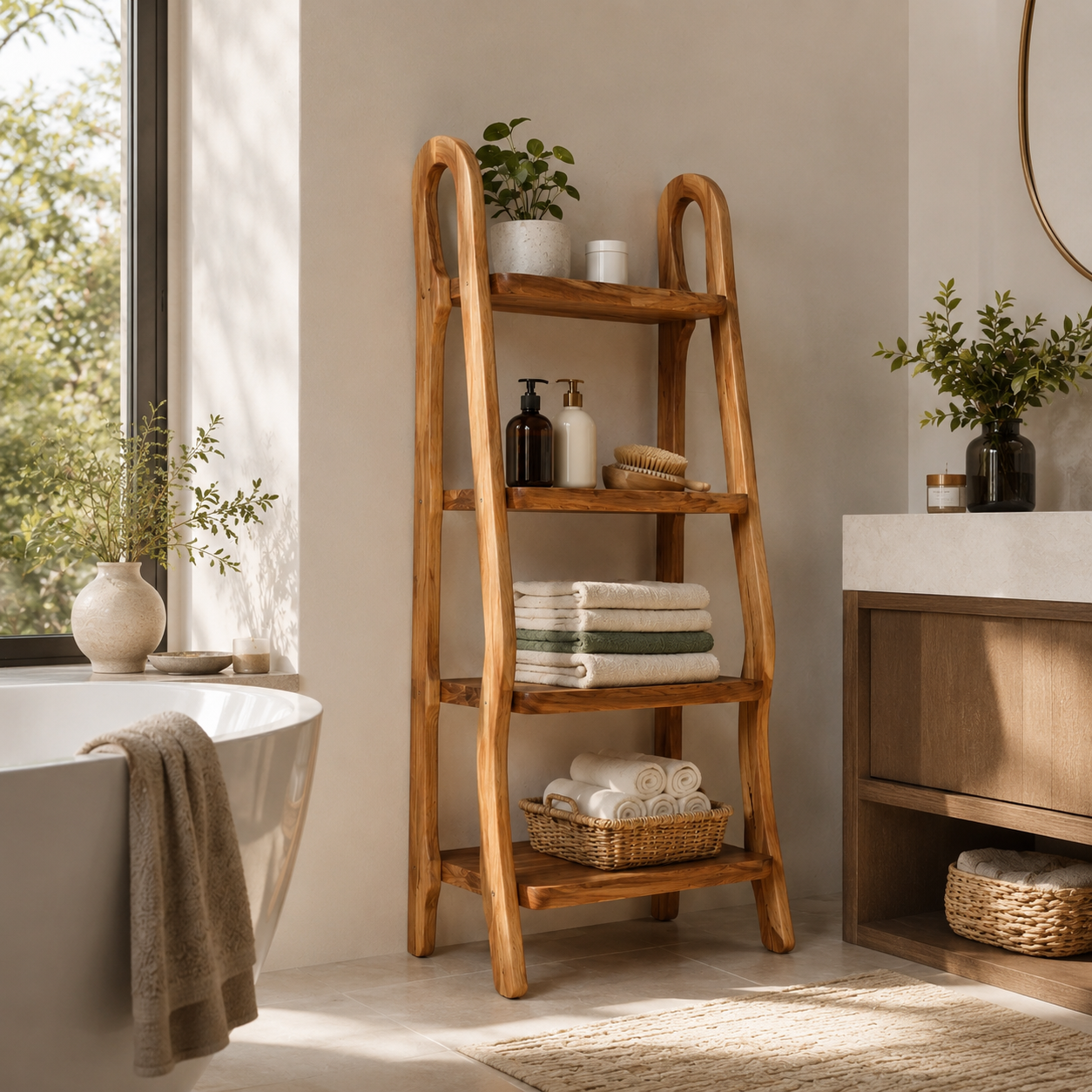 Wood Ladder Bathroom Shelf – Solid Wood Towel Storage Rack for Bathroom Decor