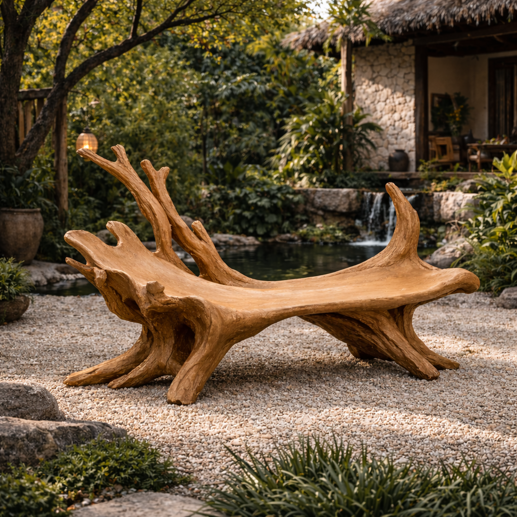 Tree Root Outdoor Bench – Solid Wood Rustic Bench for Patio and Garden Decor