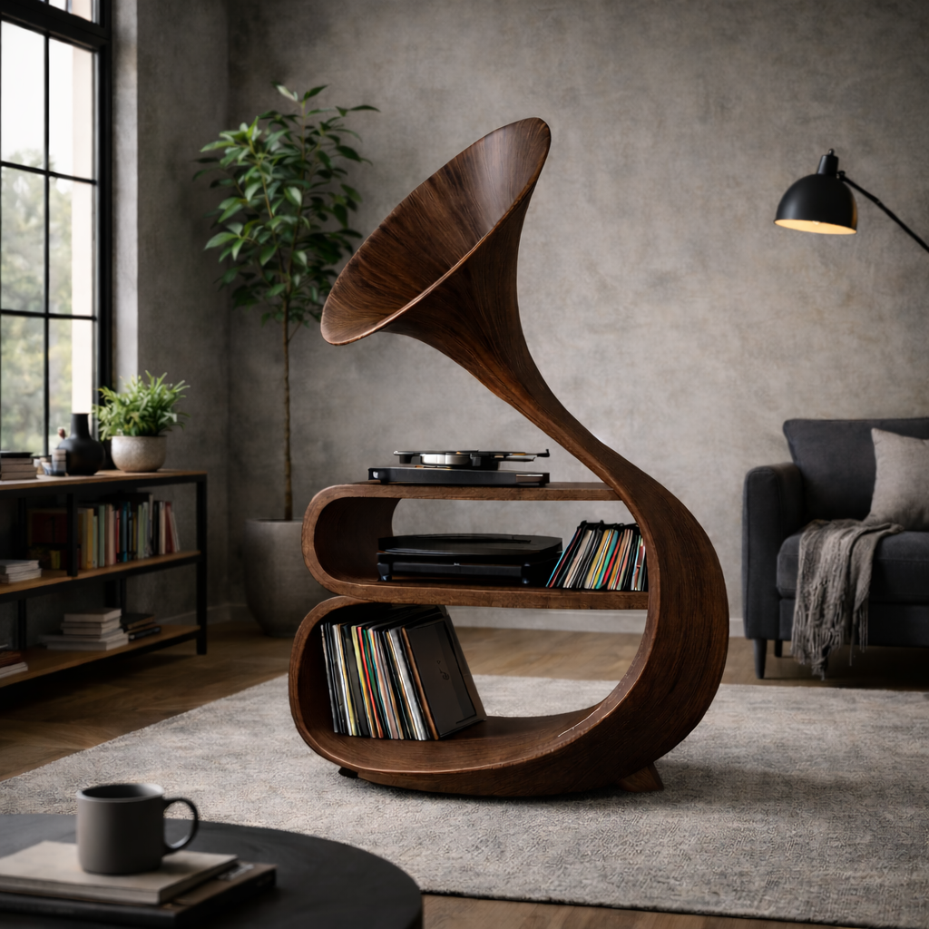 Gramophone Turntable Stand – Solid Wood LP Storage Cabinet