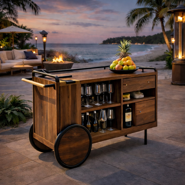 Solid Wood Outdoor Bar Cart with Wheels – Rustic Mobile Drink Cart with Wine Storage for Patio and Parties Hover Image