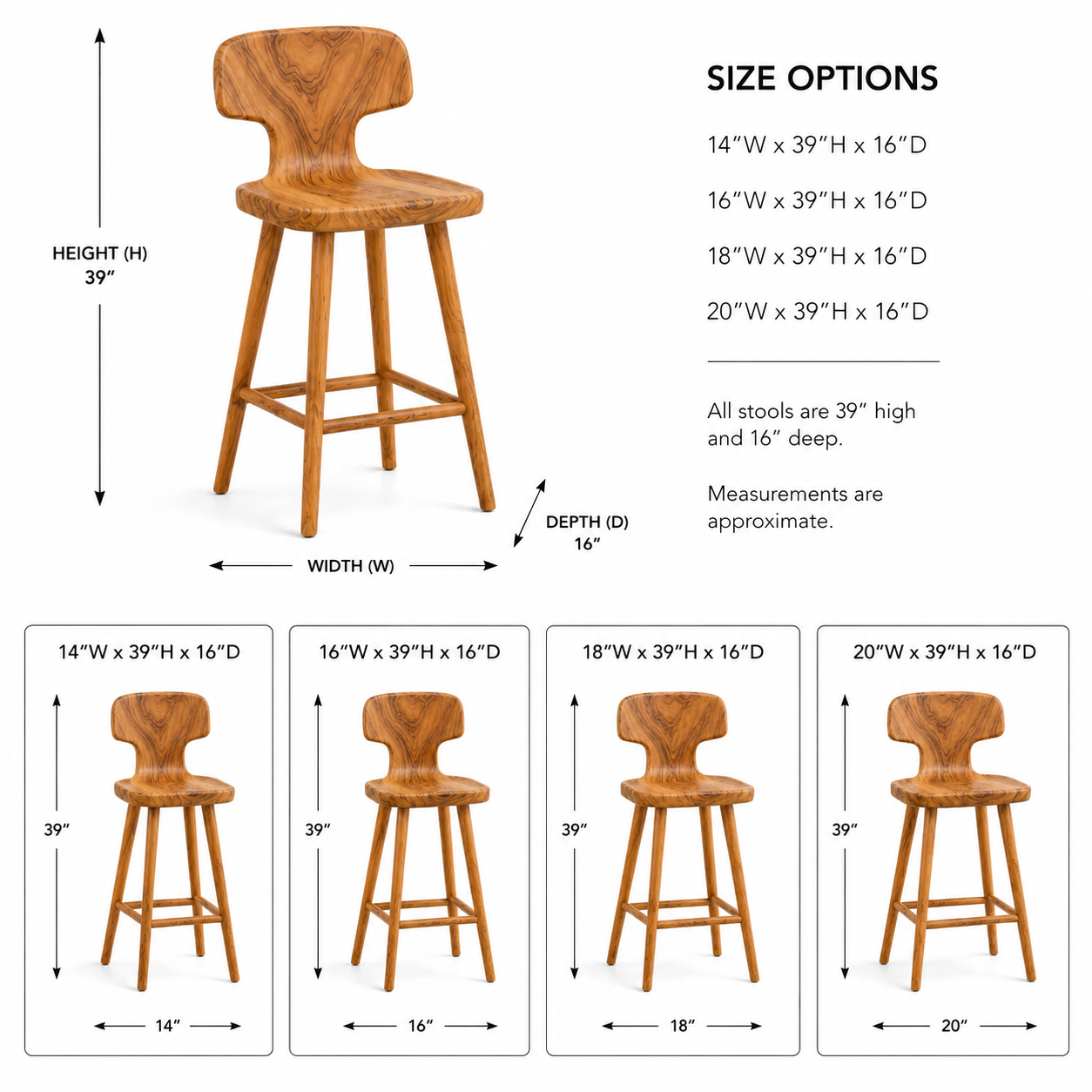 Wood Bar Stool – Solid Wood Counter Chair for Kitchen Island Decor